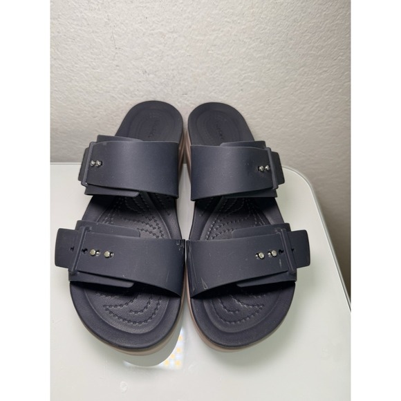 Crocs Brooklyn Buckle Wedge Platform Sandal Deep Navy Tan Women's 9  (scuffs) - Picture 3 of 16